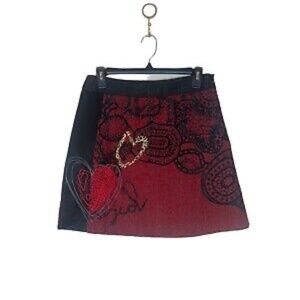 Desigual Women’s Tweed Skirt Size 34 Red Black Paisley Velvet Patterned Artsy